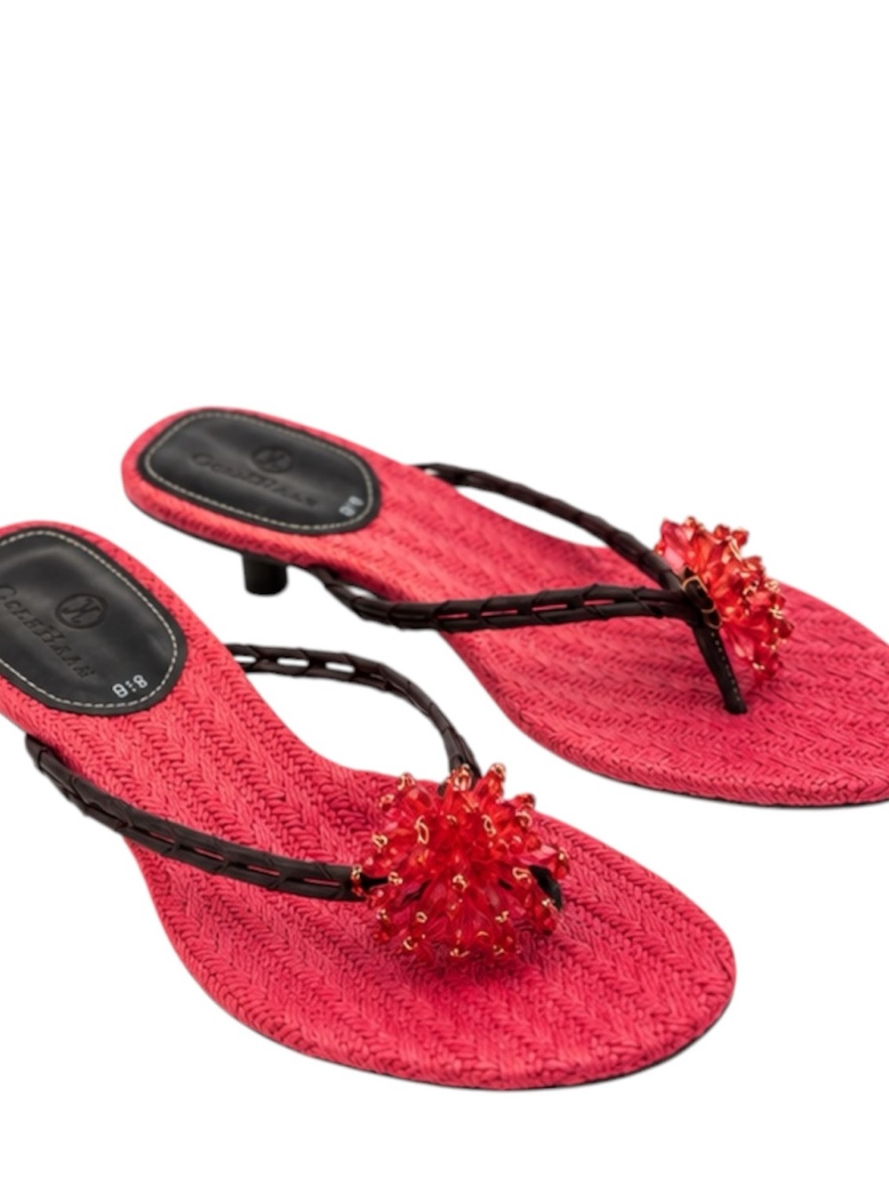 NIB. Cole Haan Mindi Thong Chocolate/Coral Beaded Kitten Heel Sandals. Size 8.5